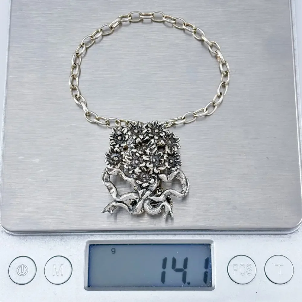 Vintage Sterling Silver 925 Floral Bouquet Clip Bracelet